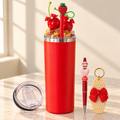 Red Cherry Bows Tumbler Gift Set with Gold Ice Lid, Pen, Keychain - full gift set