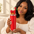 Red Cherry Bows Tumbler Gift Set with Gold Ice Lid, Pen, Keychain - held in hand