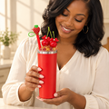 Red Cherry Bows Tumbler Gift Set with Gold Ice Lid, Pen, Keychain - lifestyle view