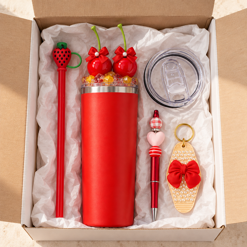 Red Cherry Bows Tumbler Gift Set with Gold Ice Lid, Pen, Keychain - gift boxed