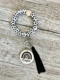 Soccer Wristlet | Beaded Keychain Wristlet with Wood Pendant | Sports Fan Accessory Gift