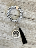 Soccer Wristlet | Beaded Keychain Wristlet with Wood Pendant | Sports Fan Accessory Gift
