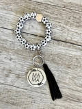 Soccer Wristlet | Beaded Keychain Wristlet with Wood Pendant | Sports Fan Accessory Gift