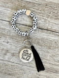 Soccer Wristlet | Beaded Keychain Wristlet with Wood Pendant | Sports Fan Accessory Gift