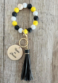 Yellow Black and White Wristlet | Silicone Bead Bracelet with Wood Charm | Fun Gift for Girls