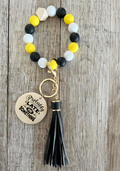 Yellow Black and White Wristlet | Silicone Bead Bracelet with Wood Charm | Fun Gift for Girls