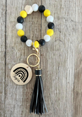 Yellow Black and White Wristlet | Silicone Bead Bracelet with Wood Charm | Fun Gift for Girls