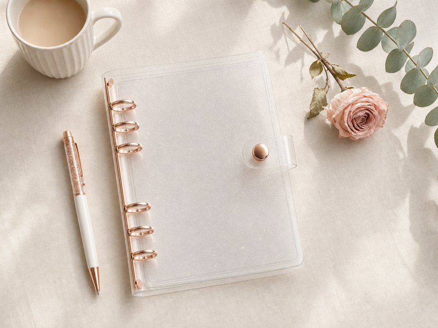 A5 clear glitter PVC binder with rose gold 6-ring hardware flat lay