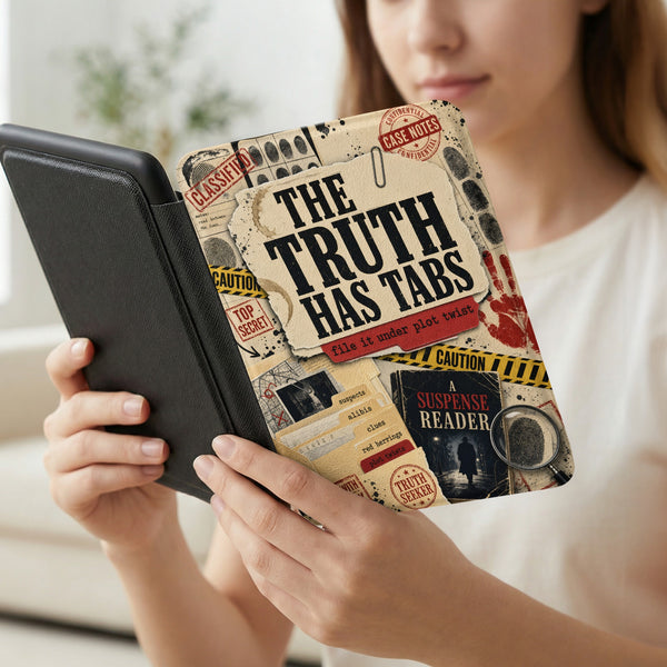 E-reader cover with "The Truth Has Tabs" text, fingerprints, and case file elements.