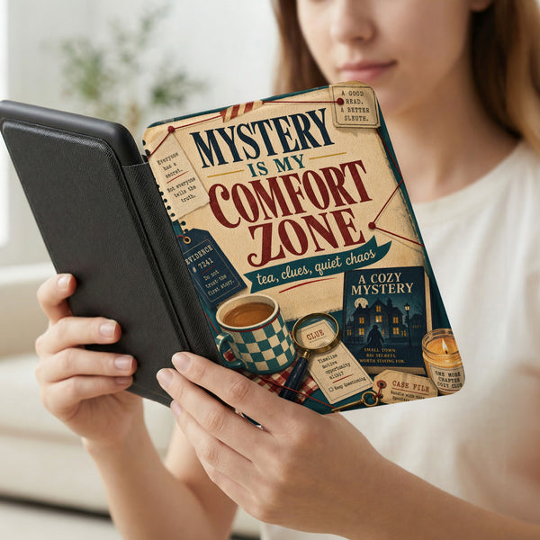 Book cover with "MYSTERY IS MY COMFORT ZONE" and cozy mystery elements.
