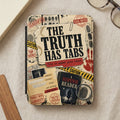 "The Truth Has Tabs" case notes journal with crime scene elements and a suspense novel.