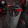 Gothic counter mockup of bloody knife removable magnetic 3D tumbler lid on matte gray tumbler