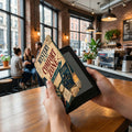 E-reader with a case featuring "Mystery is My Comfort Zone" and cozy mystery illustrations.