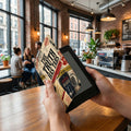 e-reader with a "The Truth Has Tabs" case featuring crime-themed graphics.