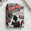 E-reader case with "Final Chapter Energy" text, silhouette reader, cassette, and hearts.