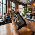 E-reader with a "Book Club Alibi" case showing suspects and vintage clues.