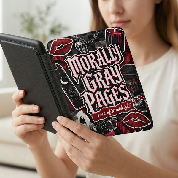 E-reader cover with "Morally Gray Pages read after midnight" text and gothic motifs.