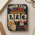 Book Club Alibi cover with suspects, clues, and stack of mystery books.