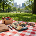 Phone case with "The Truth Has Tabs" title, sunglasses, journal, and berries on a picnic blanket.