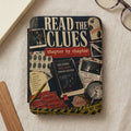 Book cover with "Read the Clues" text, crime scene imagery, and evidence tags.