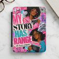 "My story has range" text with two young Black women, pink crown, hearts, and inspirational phrases.