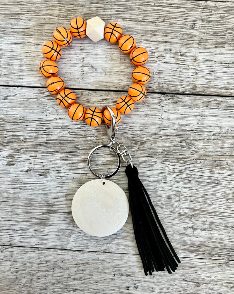 Basketball Wristlet Keychain | Personalized Beaded Wood Charm Keyring | Basketball Mom Gift