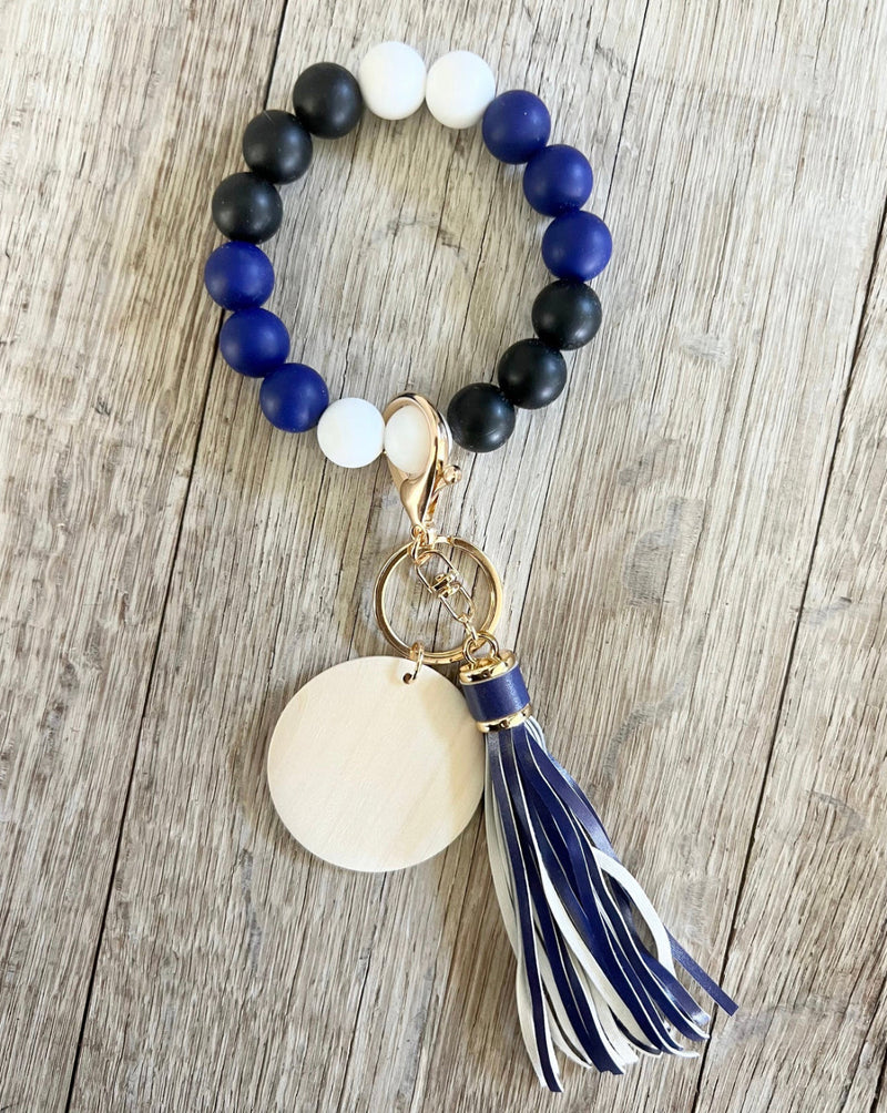 Blue Black & White Beaded Wristlet Keychain | Personalized Wood Charm Keyring | Custom Accessory