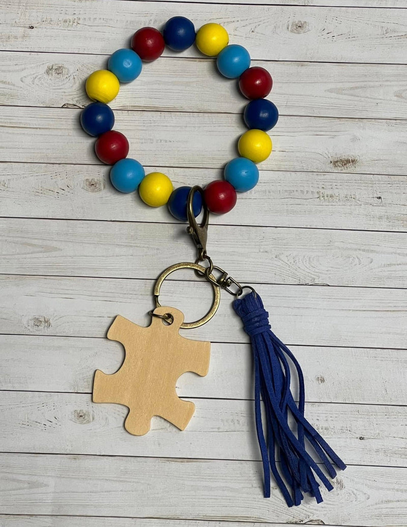Autism Awareness Wristlet Keychain | Personalized Beaded Wood Charm Keyring | Autism Mom Gift