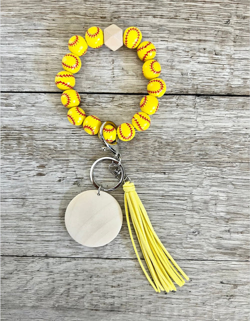 Softball Wristlet | Beaded Keychain Wristlet with Wood Pendant | Softball Mom & Player Gift