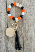 Orange Black & White Beaded Wristlet | Boho Keychain Wristlet | Silicone Bead Wristlet with Wood Pendant