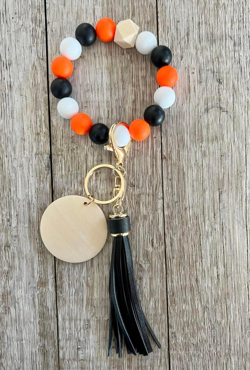 Orange Black & White Beaded Wristlet | Boho Keychain Wristlet | Silicone Bead Wristlet with Wood Pendant