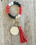 Red Black & White Beaded Wristlet | Boho Keychain Wristlet | Silicone Bead Wristlet with Wood Pendant