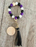Purple Black & White Beaded Wristlet | Boho Keychain Wristlet | Silicone Bead Wristlet with Wood Pendant