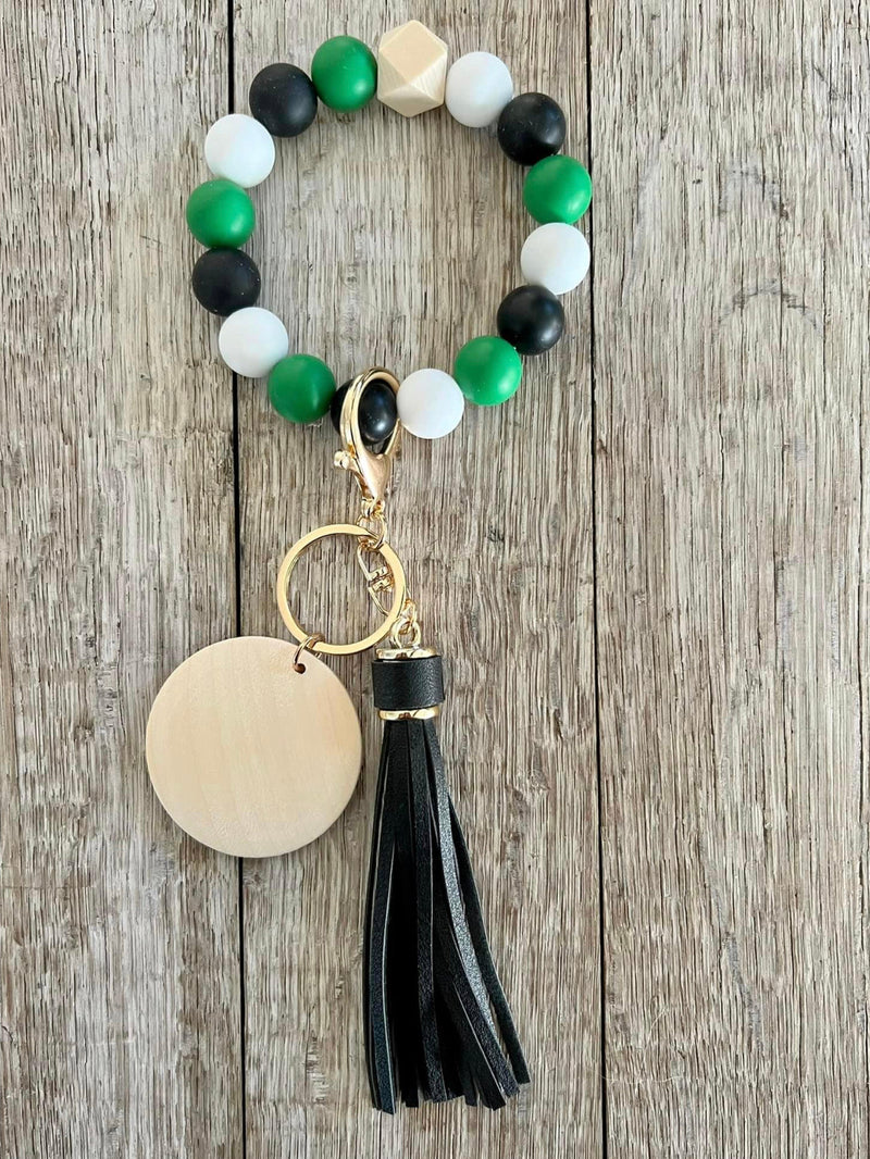 Green Black & White Beaded Wristlet | Custom Keychain Wristlet | Personalized Accessory Gift