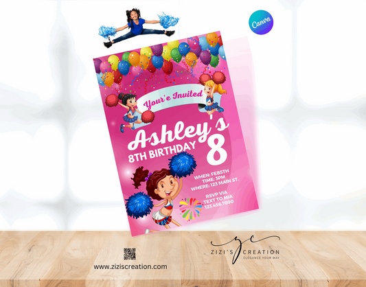 Invitation Card Flat | Cheerleader| Unique Personalization | Party-Ready Digital Designs for Kids with Fun-Filled Kids Party Digital Designs