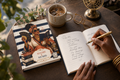 Open Hot Flashes and Plot Twists Menopause Book Club journal with handwritten note on lined pages next to iced coffee and gold pen on wooden table