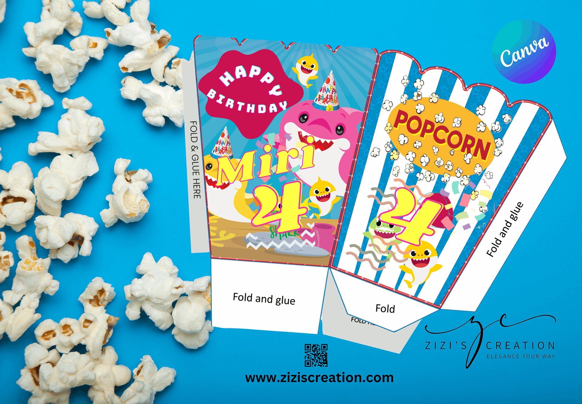 Pop corn | Baby Shark | Unique Personalization | Party-Ready Digital Designs for Kids with Fun-Filled Kids Party Digital Designs