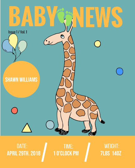 Blue Giraffe Birth Announcement Artwork Customized Design, Printable Instant Download, Digital Poster