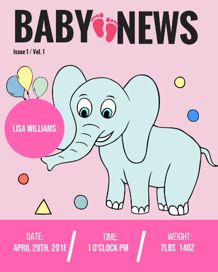 Pink Elephant Birth Announcement Artwork Customized, Design Printable, Instant Download, Digital Poster