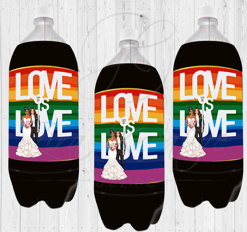 Pride Rainbow 2 Liter Soda Label, Mrs. & Mrs Interracial Lesbian Couple Digital Download Party Favor