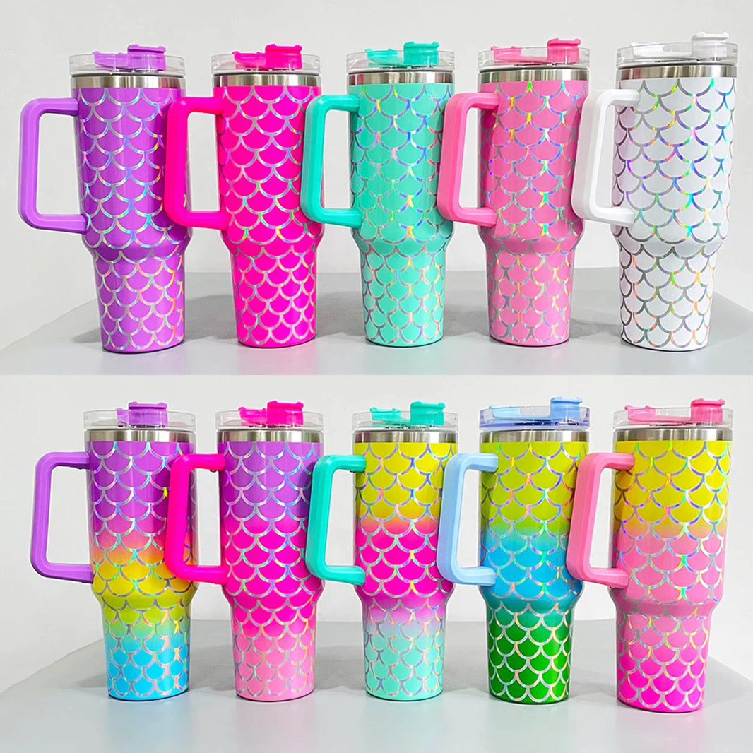 Custom mermaid scale tumblers in multiple colors