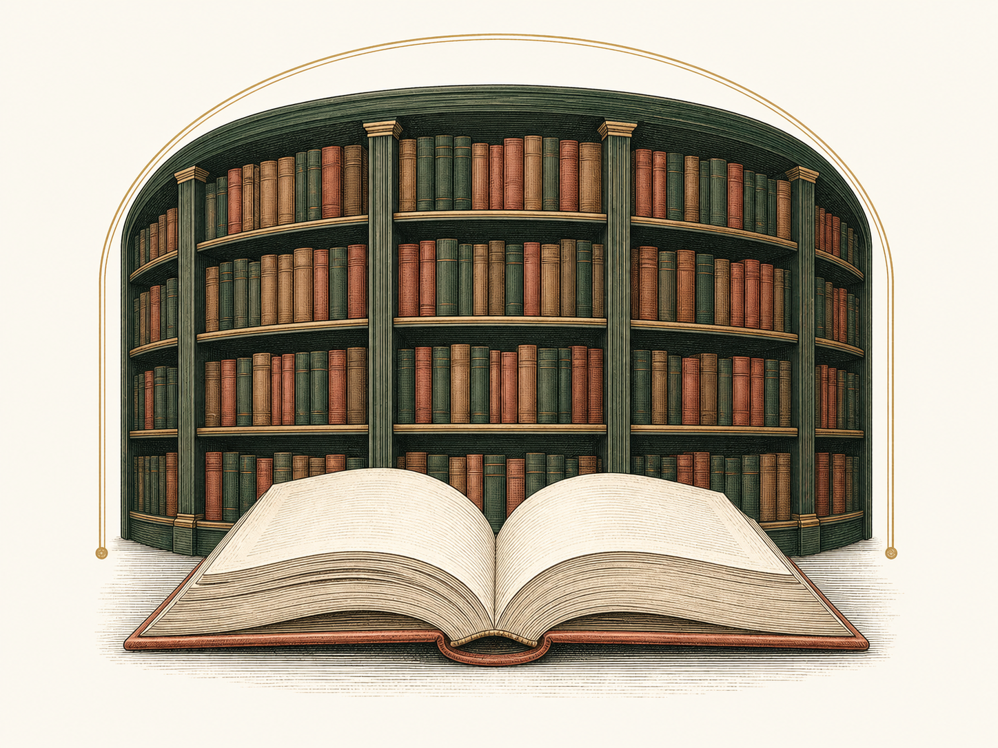 Open book and bookshelf editorial illustration