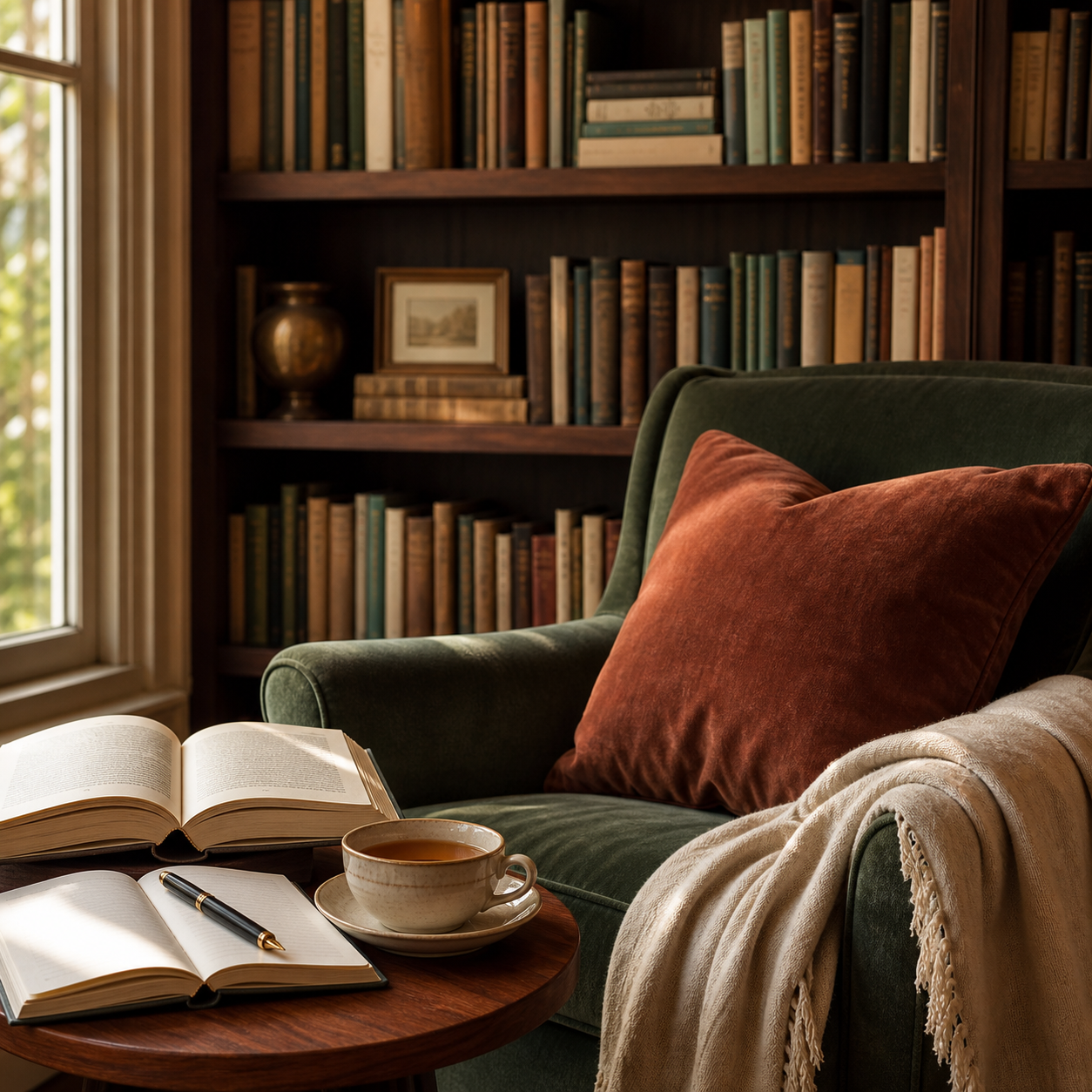 Warm reading room with books, journal and tea