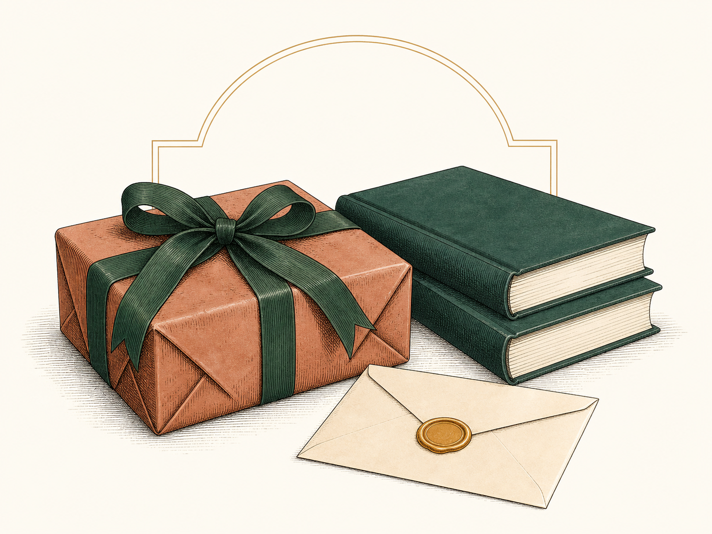 Wrapped literary parcel and gift-ready book stack editorial illustration
