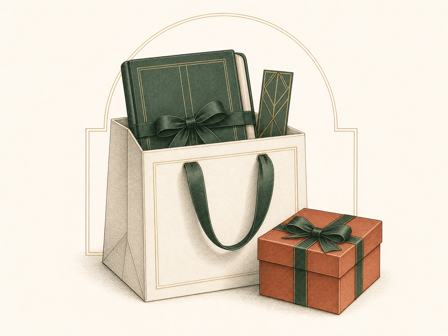 Ribboned journal, bookmark, and boutique gift bag editorial illustration